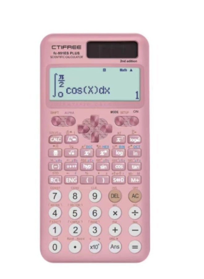 آلة حاسبة علمية وردية، 252 وظيفة مع عرض 10+2 أرقام، للمدرسة والجامعة وامتحانات الهندسة، طاقة مزدوجة شمسية وبطارية